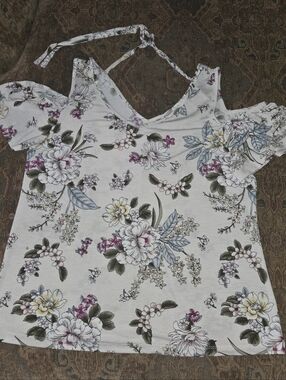 NAIF White Floral Cold-Shoulder Blouse with Pink, Yellow and Blue Flowers